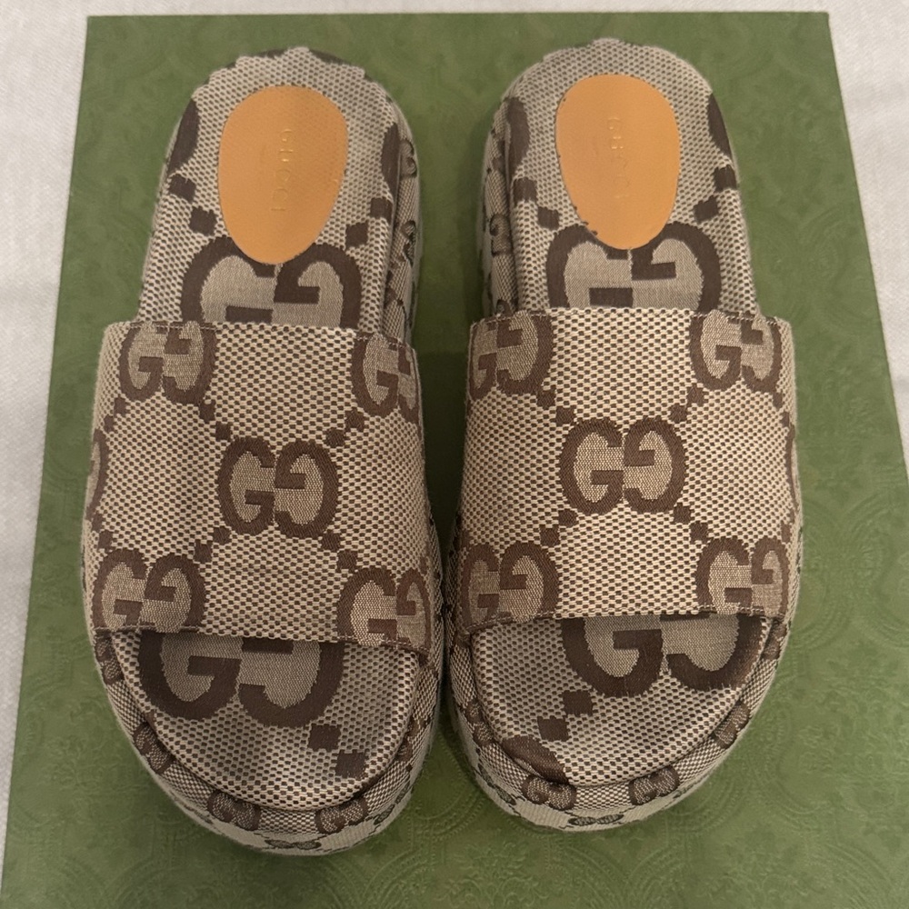 Gucci Women’s GG Canvas Slide Sandals in Beige and Brown Monogram